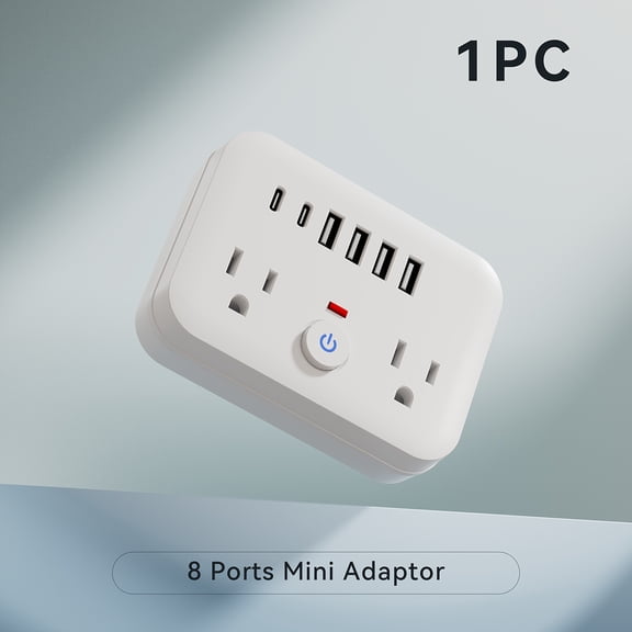 Mini Portable Surge Protector Power Strip, 8-in-1 Multifunction with 2 Outlets, 4 USB Ports, 2 USB-C Jacks, Overload Protection, US Plug, Wall-Mounted for Home, Travel, Office - Black & White