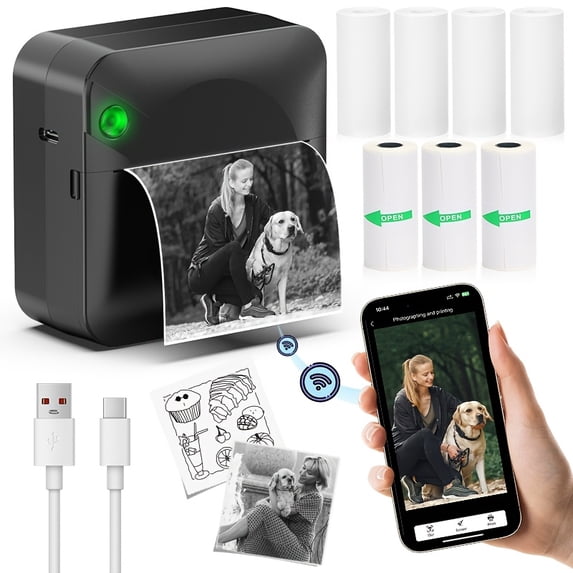 Mini Portable Thermal Printer, Wireless Bluetooth Inkless Pocket Printer with 7 Paper Rolls