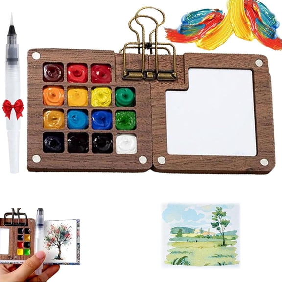 Mini Portable Travel Paint Tablets, Wooden Grid Paint Box for Painters Artists Students (Walnu -15 Grids)