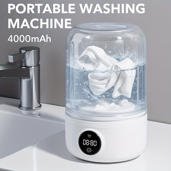 Mini Portable Washing Machine with 4000Mah Battery, Travel Laundry Washer for Bra, Underwear, Socks, Compact USB Rechargeable Electric Cleaner for Dorm, RV, Bathroom, LED Display, One-Touch Operation