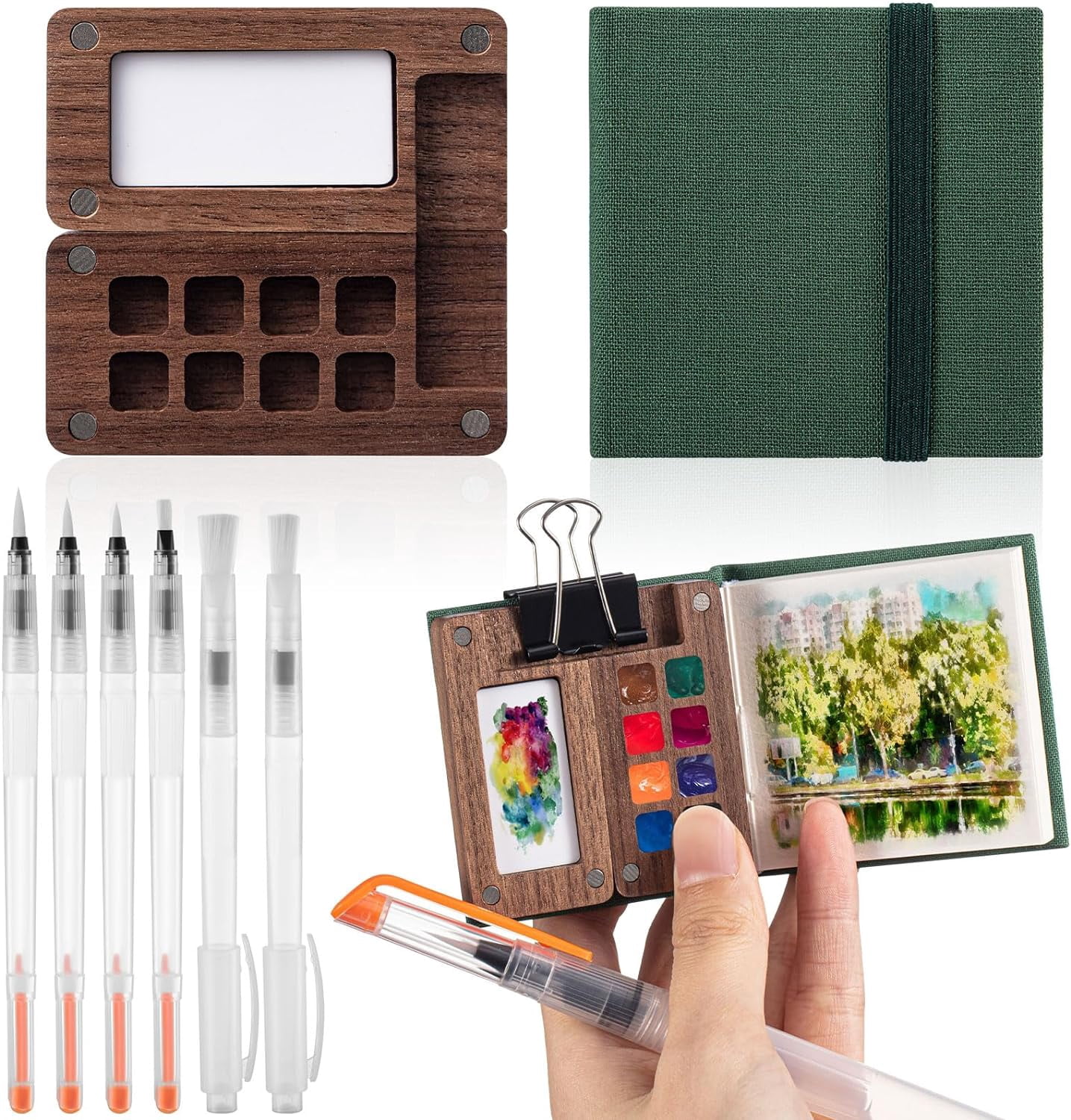 Mini Portable Watercolor Set Wooden Grid Paint Box Watercolor Paper Sketch Book Brush Pens with Binder Clip for Painters Artist Not Include Paint(Pine Green)