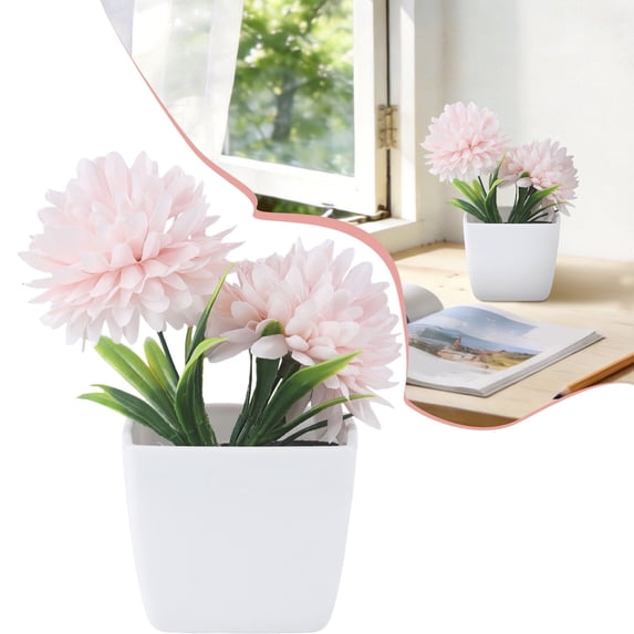 Mini Potted Artificial Flowers, Indoor Faux Flowers Potted Greenery, Chrysanthemum Potted Plant with Pot, Small Fake Plants, Fake Flower Bonsai for Home, Office, Shelf and Desk Decor, Light Pink