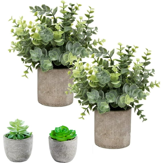 Mini Potted Plants Artificial Eucalyptus Boxwood Rosemary Faux Herbs Small House Plants 8.3"-9" Tall for Indoor Greenery Tabletop Décor Centerpiece (Sprayed Eucalyptus)