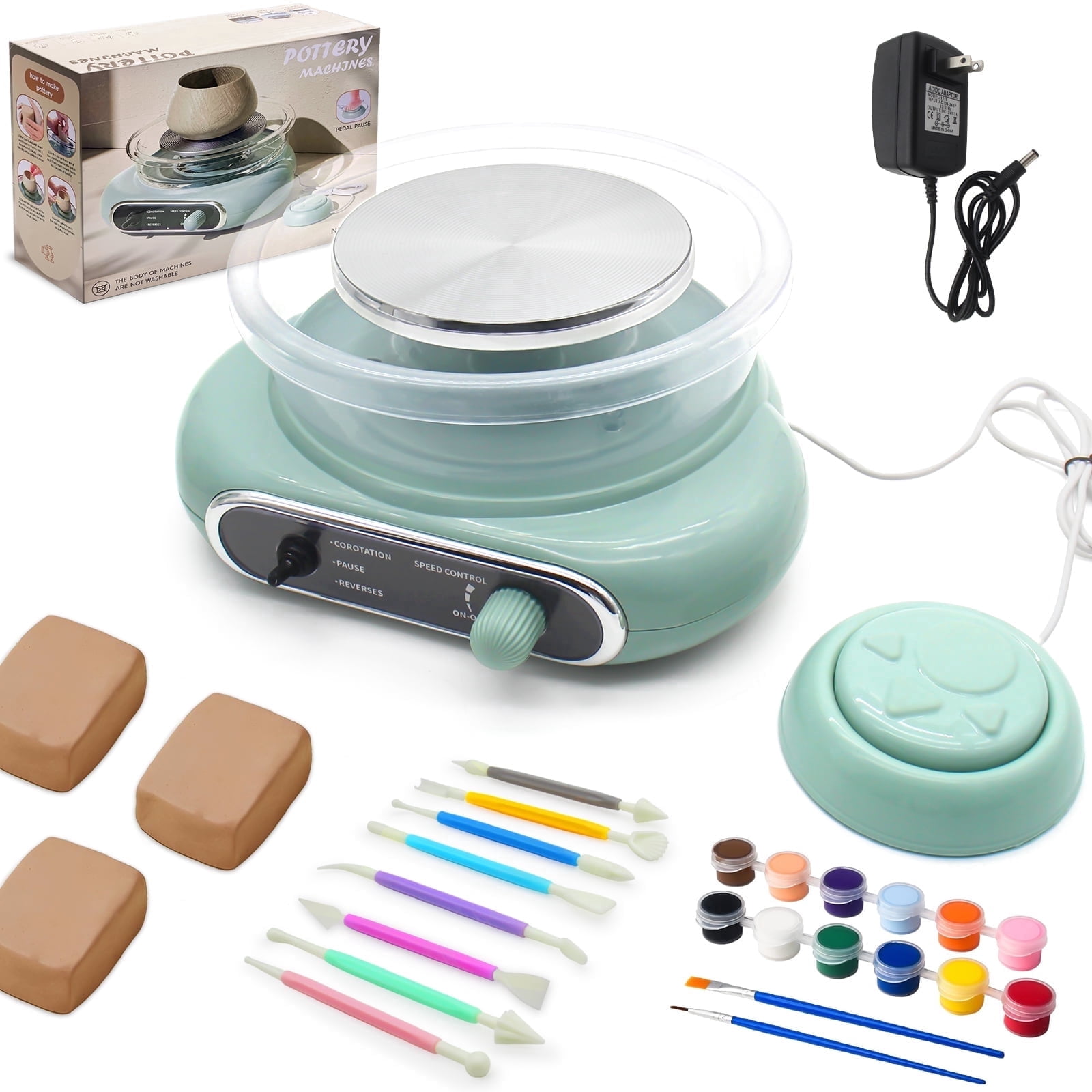 Mini Pottery Wheel Kit, 4.7" Pottery Wheel for Kids Teens & Adults Beginners, Plug-in Motor, 1.32Lb Air Dry Clay, Crafts Kit for Home DIY, Ceramic Work & Art Creation