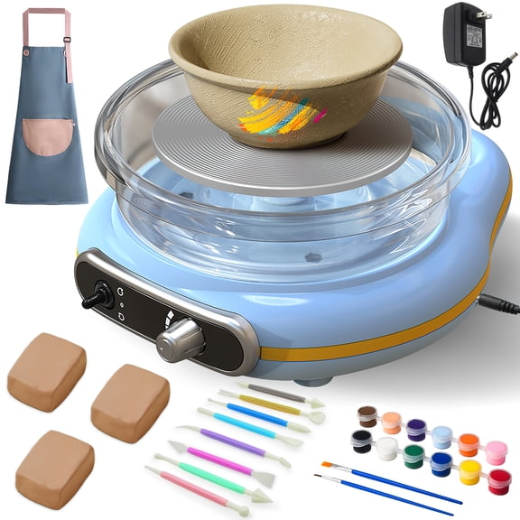 Mini Pottery Wheel Kit, 4.7" Turntable Electric Clay Wheel with Apron, Adjustable Speed Ceramic Making Pottery Machine, DIY Craft Kits for Kids