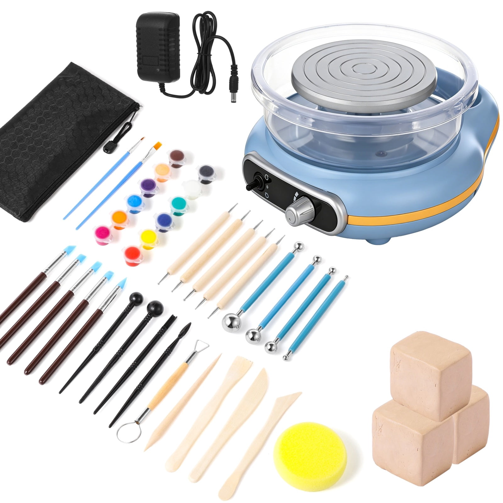 Mini Pottery Wheel Kit Electric Turntable Clay Machine with Handle, Adjustable Speed and Forward Reverse Rotation, 24 Shaping Tools 12 Color Paint Set 3 Clay Blocks for DIY Craft Projects