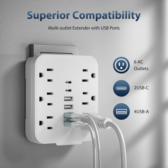 Mini Power Adapter with 6 AC Outlets, 4 USB Ports and 2 Type-C Ports, Convenient to Carry, Multi-Socket Wall Extension Outlet, Perfect Essential for School, Office, Travel and Home Use