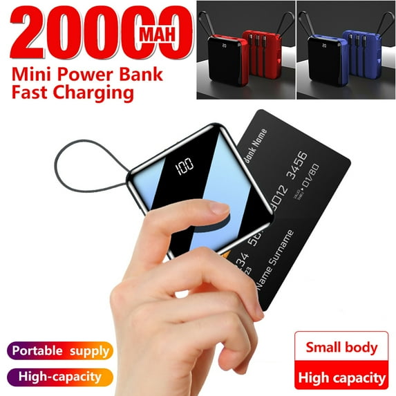Mini Power Bank, 20000mAh Portable 4 in 1 External Battery Mirror Charger, for iOS/Micro/type-c/USB-A, Black