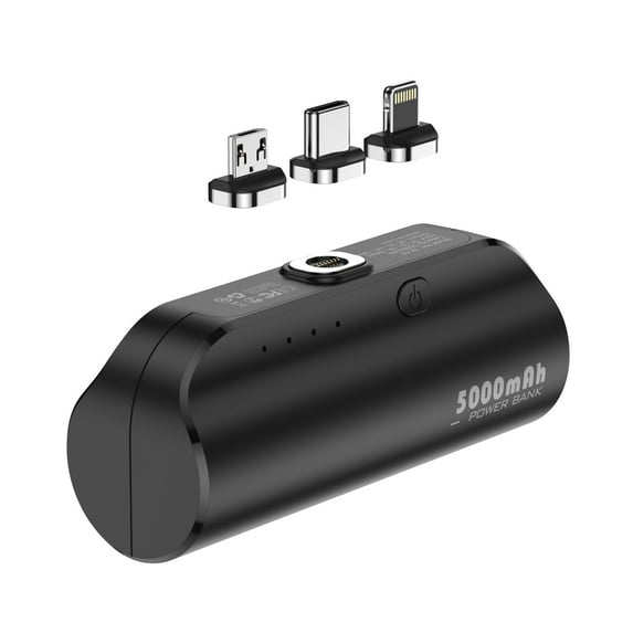 Mini Power Bank GKG 5000mAh Portable Charger with Lightning/Type-C/Micro USB 3 Magnetic Plug, Black