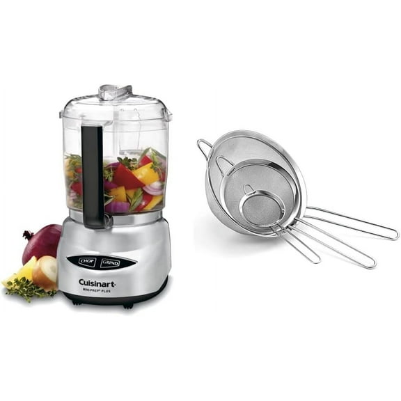 Mini Prep Plus Food Processor 4 Cup Brushed Stainless & Mesh Strainers 3 Pack Set CTG-00-3MS