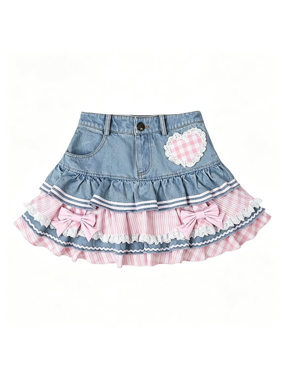 Mini Preppy Denim Skirt Harajuku Y2K Skirt with Heart Patchwork (Blue S)