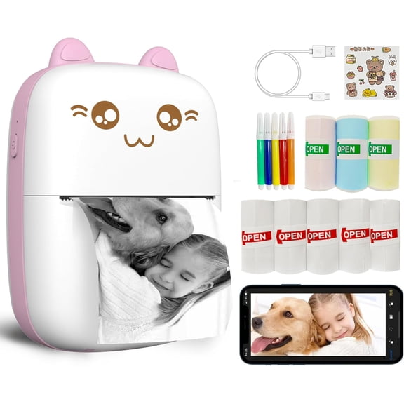 Mini Printer Portable, Inkless Sticker printer with 8 Rolls Paper, mini thermal printer Compatible with iOS + for Journal, Memo, Photo, Print Pod Gifts for Girls ()