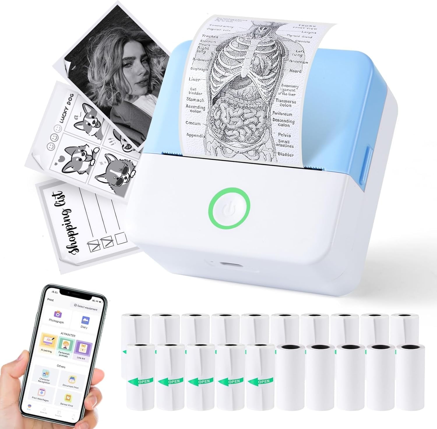 ROJAX Print Pods Mini Thermal Printer, Inkless Portable Sticker Maker with 10 Rolls Paper, Bluetooth Pocket Printer for Phone, Notes, Journal & DIY, Compatible with iOS & Android (Blue)