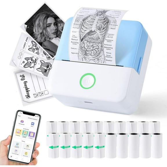 ROJAX Print Pods Mini Thermal Printer, Inkless Portable Sticker Maker with 10 Rolls Paper, Bluetooth Pocket Printer for Phone, Notes, Journal & DIY, Compatible with iOS & Android (Blue)