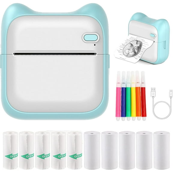 Mini Printer, Portable Thermal Sticker Printer, Inkless Pocket Printer Compatible with iOS & Android, Portable Receipt Printer for Photo Journal Notes Memo with 10 Rolls Paper & 5 Color Pens
