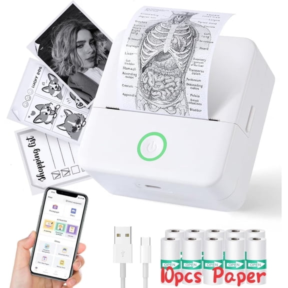 Mini Printer, Thermal Printer with 10 Rolls Paper, Inkless Pocket Printpod for Phone, Compatible with iOS & Android for Study Notes & DIY