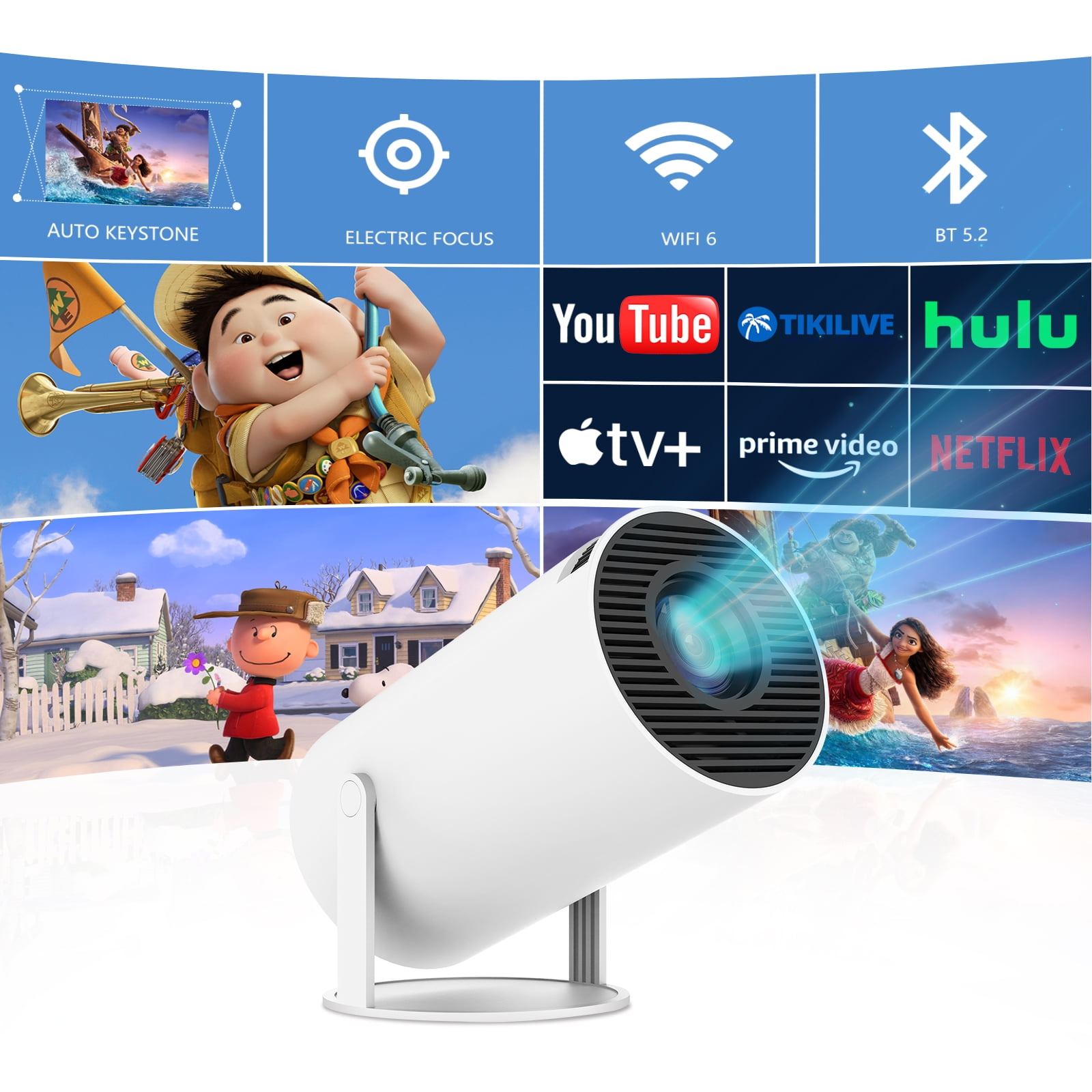 Built-in Apps]Mini Projector 1080P, 4K Projector Full HD With WIFI 6 And Bluetooth 5.2, Support 270° Rotatable Portable Projector With Auto Keystone Correction,Compatible With Phone/HDMI/USB-White