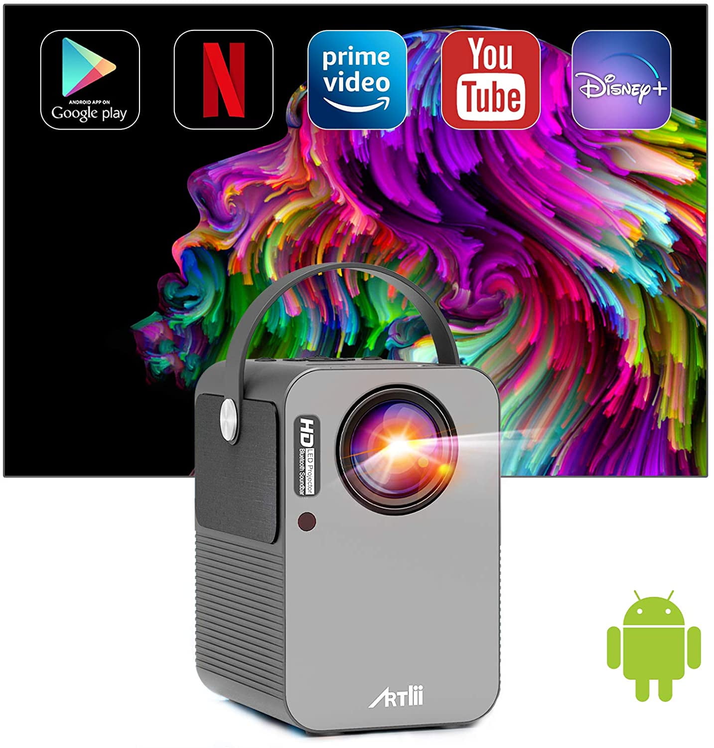Mini Projector, Artlii Play Smart Projector Android TV 9.0 Bluetooth  Portable Projector with Built-in Netflix, Disney+, Hulu,1080p Support  Projector