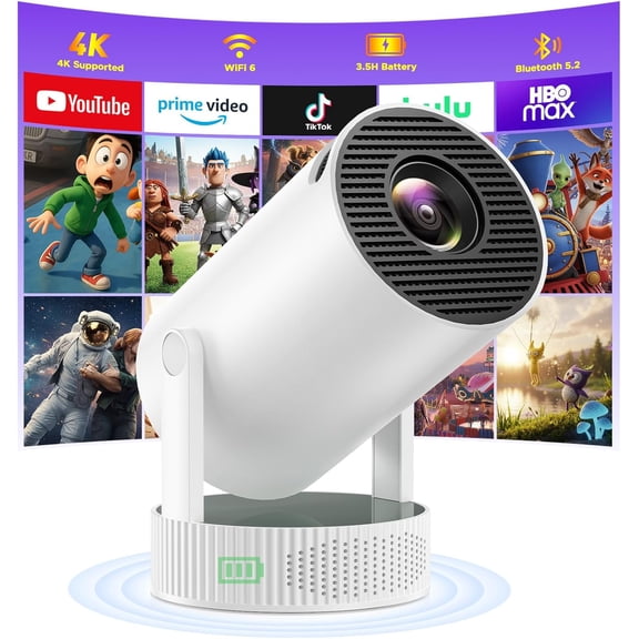 Mini Projector with Built-in Rechargeable Battery for Outdoor, Portable Projector with WiFi and Bluetooth, 4K Projector for Bedroom, Smart Projector Compatible with iphone/TV Stick/HDMI/USB/Laptop