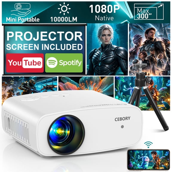 Electric Focus 5G WiFi Bluetooth Video Projector, Full HD 1080P Outdoor Movie Projector (Projector Screen and Tripod Included), Portable Projector Compatible With HDMI/ USB/ AV/ Smartphone/ TV Stick
