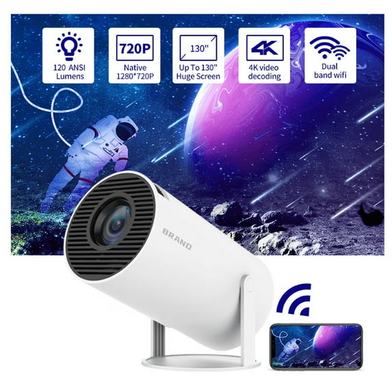Mini Projector, HY300 Auto Keystone Correction Portable Projector, 4K/ 200 ANSI Smart Projector with 2.4/5G WiFi, BT 5.0, 130 Inch Screen, 180 Degree Flip, Round Design, Home Video Projector