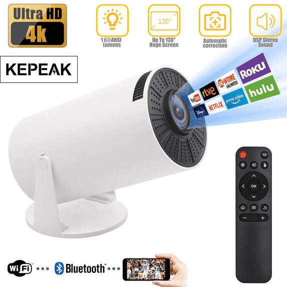 Mini Projector,Kepeak Auto Keystone Correction Portable Projector, 1080P/120 ANSI Smart Projector , 130 Inch Screen, 180 Degree Flip, Round Design, Home Video Projector