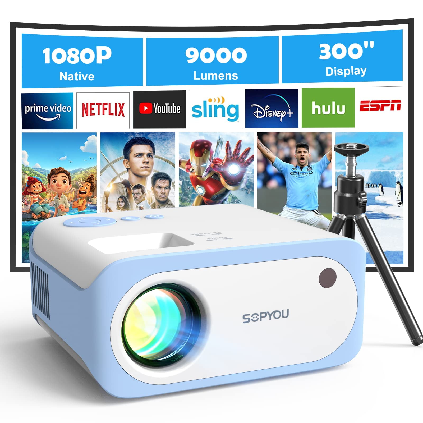Mini Projector, Native 1080P Full HD 9000L Movie Projector 4K Supported, Video Mini Portable Projector for HDMI, USB, Laptop, TV Stick, PS5, IOS & Android, U Disk