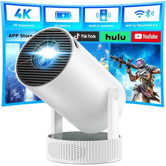 Mini Projector, Projector with Wifi and Bluetooth Built-in Battery 4K Portable for Outdoor Bedroom, Smart Projectors 1080P Compatible iphone/TV Stick/HDMI/Laptop