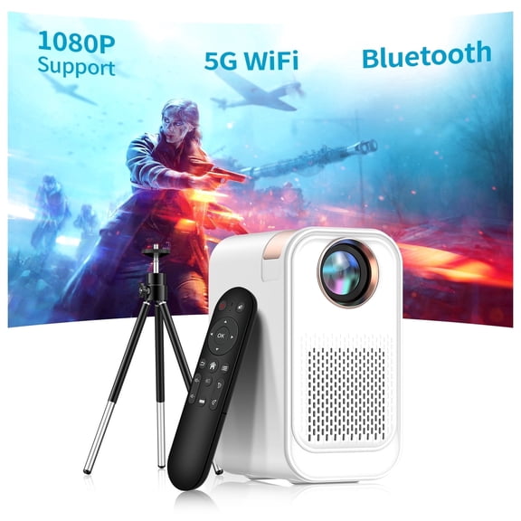 Mini Projector, Supporting 1080P High Definition Resolution, Portable Projector Screen with Projector Stand, Automatic Vertical Trapezoidal Correction,Equipped with WiFi and Bluetooth Functions,White
