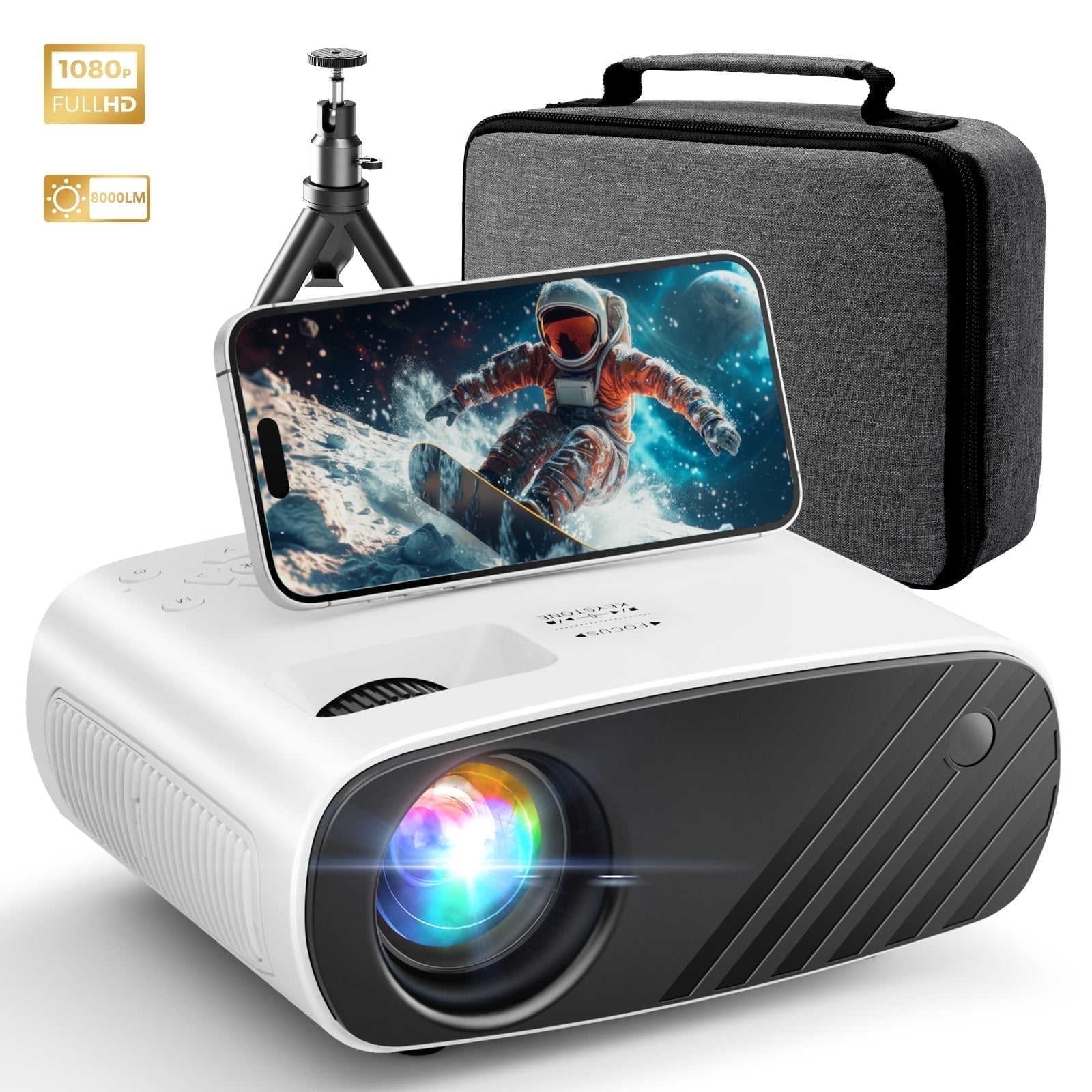 Mini Projector(Tripod and Bag Included),4K Support Native 1080P Portable Movie Projector Compatible with Android/iOS/Windows/TV Stick/HDMI/USB