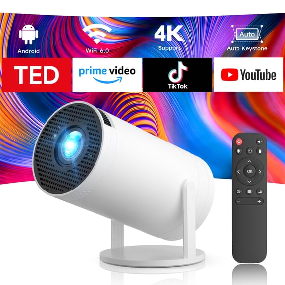 Mini Projector with WiFi 6 and Smart TV OS, Portable Projector 4K support, Home bedroom video projector, Bluetooth & Auto Vertical Keystone 180Rotatable Proyector[Built-in App]