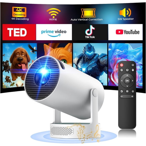 Mini Projector with WiFi and Bluetooth, 4K Projector with 5W Soundbase Speaker, Portable Projector for Bedroom, 300 ANSI Lumens Smart Projector, 270 Rotation Automatic Vertical Keystone Correction