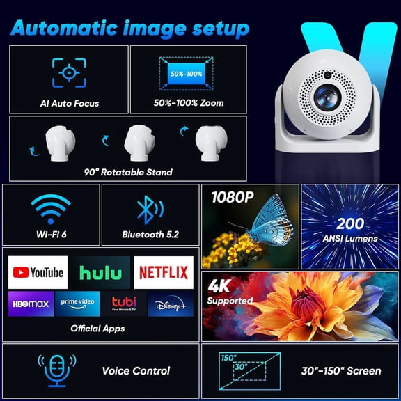 Mini Projector with WiFi and Bluetooth Auto Focus & Vertical  Smart Portable Projector Android 13 with Built in Apps 1080P HD 4K Support w/ /USB Supported Home Movie Projector (White)