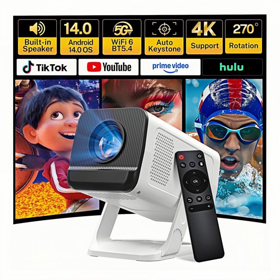 Mini Projector with WiFi and Bluetooth,Native 1080P Smart Projector 4K Supported,Auto Vertical Keystone,210 Rotatable,Compatible with TV Stick,Smartphone