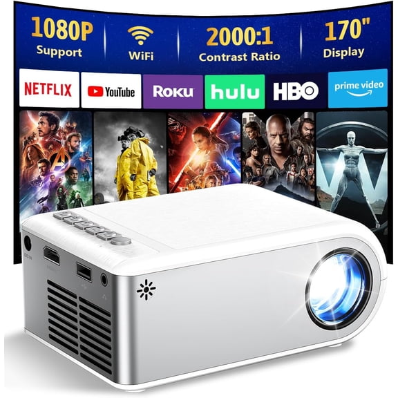 Mini Projector with WiFi and Bluetooth, Outdoor Portable Mini Projector for iPhone Supports 1080P with Built-in Speaker, Movie Projector for Home Theater Compatible with iOS/Android/PC/TV Stick/HDMI