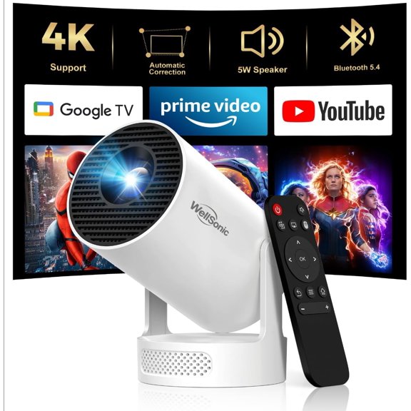Mini Projector with Wifi and Bluetooth, 4K Portable Projector with 5W Speaker, Auto Vertical Keystone&180 Rotatable, 200Ansi Moive Proyector for Outdoor Bedroom