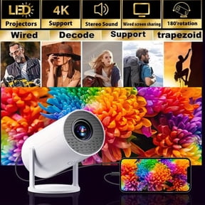 Mini Projector, with Wired Screen Sync 4K 1080P Portable Projector 180 Rotation. 17-130" Screen Video Projector. Compatible with Smartphones, Laptops, PC