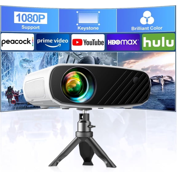 Mini Projector for iphone, Portable Projector with Tripod, 1080P HD Outdoor Projector, Movie Projector Compatible with Android/iOS/Windows/TV Stick/HDMI/USB