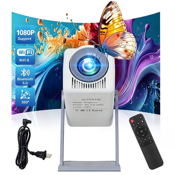 Behome Portable Projector, Mini Projector with Wifi and Bluetooth,1080P Support, Auto Corner Trapezoidal Correction, Outdoor Movie Projector for Bedroom, Backyard, Home,White