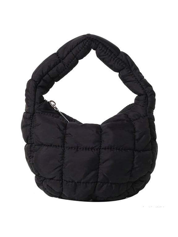 Mini Puffy Quilted Handbag Soft Puffer Tote Bag for Women Cute Wrist Bubble Bag Lightweight Nylon Clutch Purse