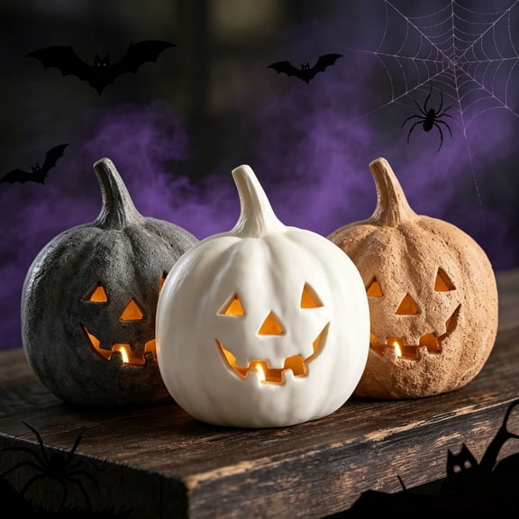 Mini Pumpkin Lantern Halloween Decoration Ornament, Small Light Up Pumpkin Figurine for Home Party Tabletop Decor, Battery Operated​, A