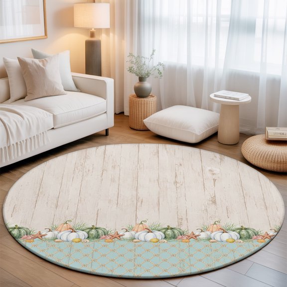 Mini Pumpkins 7' Round Rugs for Living Room Conversation Area, Starfish Cream Wood Grain Mint Green Plaid Country Washable Non Slip Large Circle Area Rug Under Dining Table