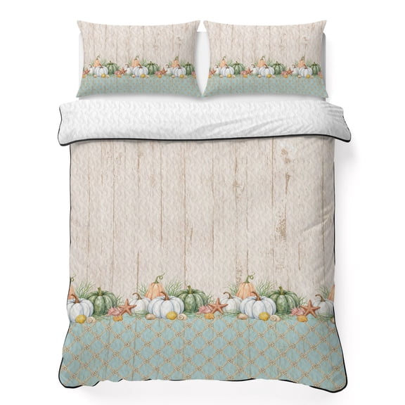 Mini Pumpkins Queen Quilt Bedding Set, Starfish Cream Wood Grain Mint Green Plaid Country Lightweight Comforter with 2 Pillow Shams Bedroom Bedspread Set Home Decor for All Seasons