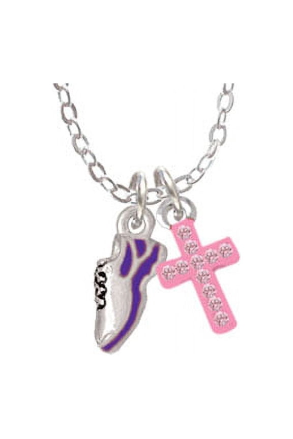 Mini Purple Running Shoe - Light Pink Crystal Cross Sophia Necklace, 18"+1"