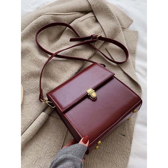 Mini Push Button Flap Square Bag Solid Color Leather Crossbody Bags For Women Shoulder Messenger Bag Lady Handbags Square Female Purses Burgundy Bag& New Year Ideal Gift