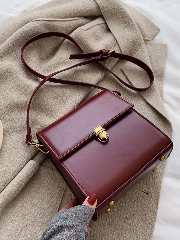 Mini Push Button Flap Square Bag Solid Color Leather Crossbody Bags For Women Shoulder Messenger Bag Lady Handbags Square Female Purses Burgundy Bag& New Year Ideal Gift