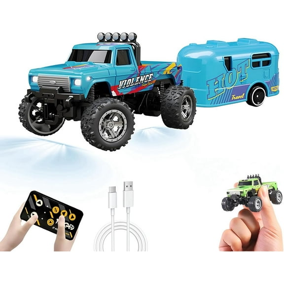 Mini RC Car, 1/64 Scale Mini Remote Control Monster Truck with Trailer, 2.4Ghz & APP Remote Control, Rechargeable Alloy Shell Mini RC Cars with Lights, Speed/Steering Adjustable