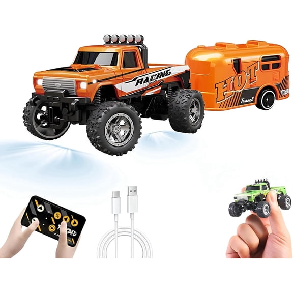 Mini RC Car, 1/64 Scale Mini Remote Control Monster Truck with Trailer, 2.4Ghz & APP Remote Control, Rechargeable Alloy Shell Mini RC Cars with Lights, Speed/Steering Adjustable