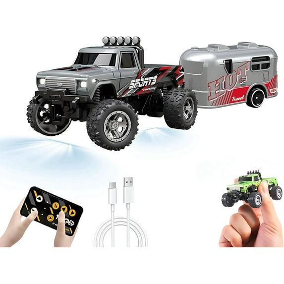 Mini RC Car, 1/64 Scale Mini Remote Control Monster Truck with Trailer, 2.4Ghz & APP Remote Control, Rechargeable Alloy Shell Mini RC Cars with Lights, Speed/Steering Adjustable