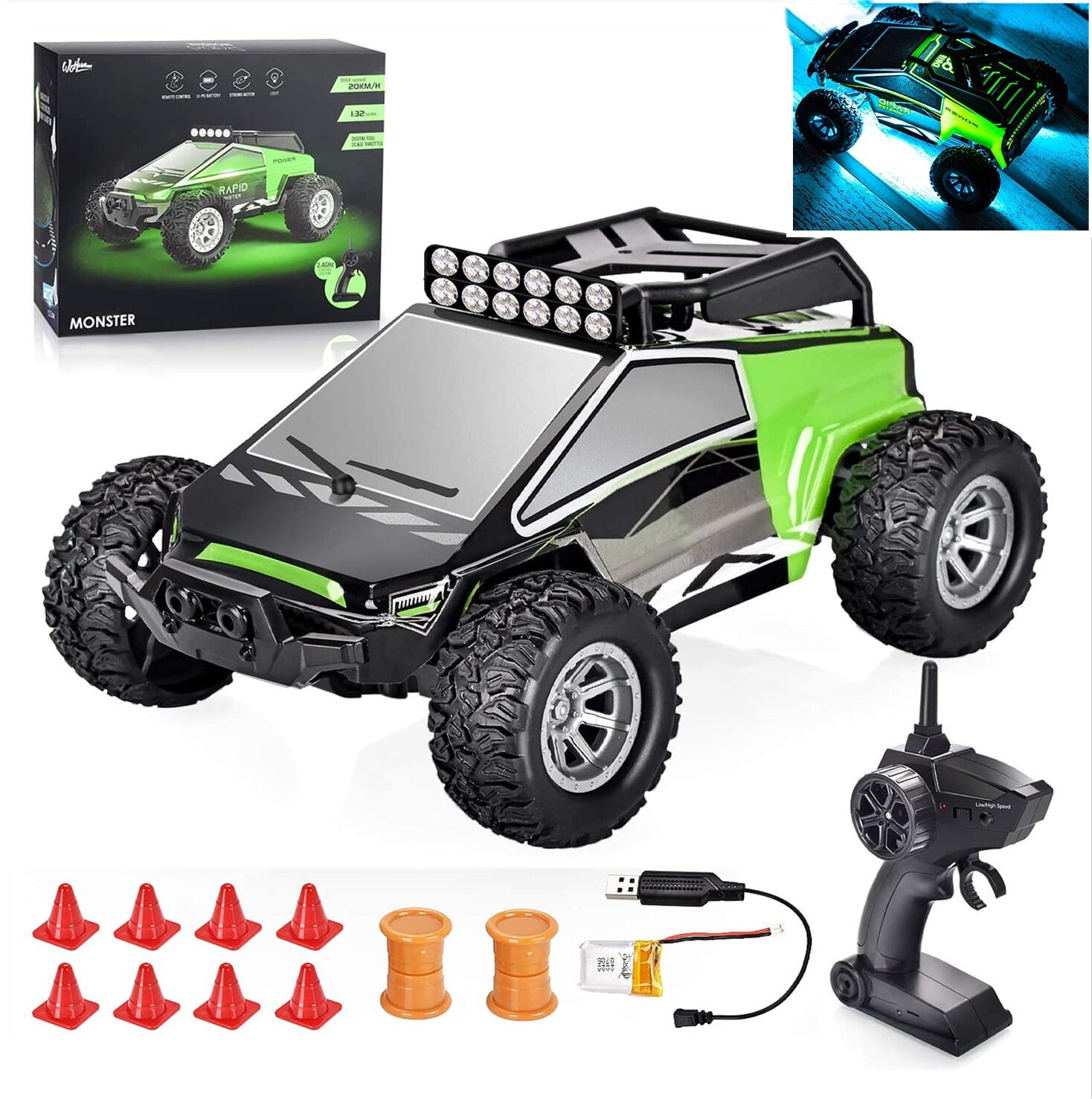 Mini RC Car, Off Road Monster Truck, 1:32 Scale Toy Car, Rechargeable Remote Control Car, High Speed 2WD Electric Vehicle with 2.4 GHz Radio Controller, Translucent Body Lighting, Gift Toy for Kids